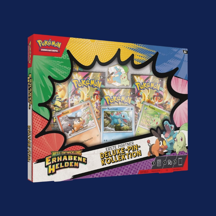 Pokémon-Sammelkartenspiel: Deluxe-Pin-Kollektion Mega-Entwicklung – Erhabene Helden: Erste Partner (3 holografische Promokarten, 1 Deluxe-Pin und 5 Boosterpacks)